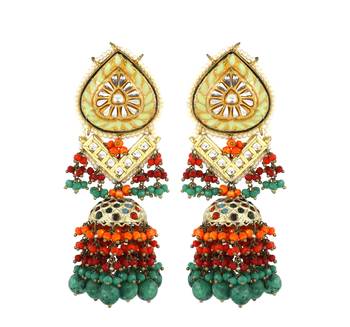 Kundan Meena Chrysocolla Red Coral Jhumka Earrings 1