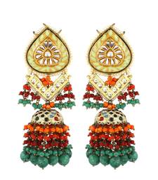 Kundan Meena Chrysocolla Red Coral Jhumka Earrings