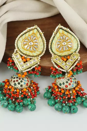 Kundan Meena Chrysocolla Red Coral Jhumka Earrings