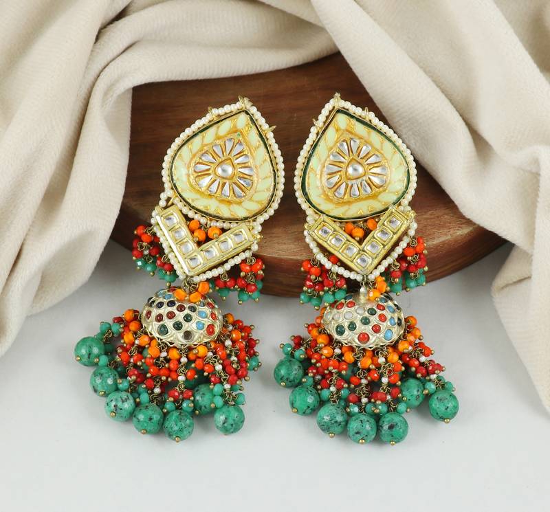 Kundan Meena Chrysocolla Red Coral Jhumka Earrings