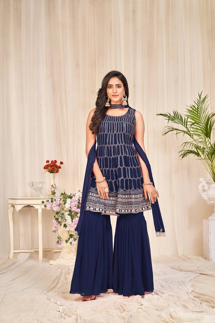 Blue color georgette fabric designer sequins work sharara dress