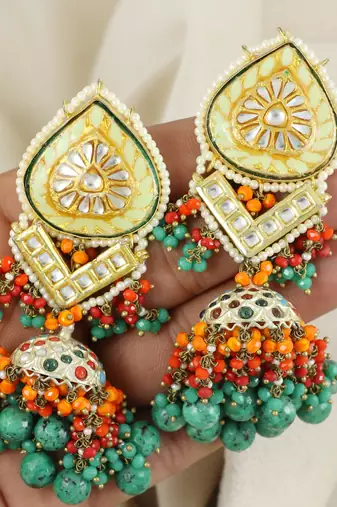 Kundan Meena Chrysocolla Red Coral Jhumka Earrings