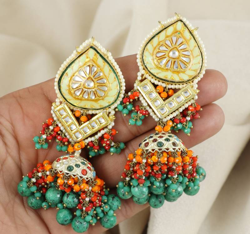 Kundan Meena Chrysocolla Red Coral Jhumka Earrings