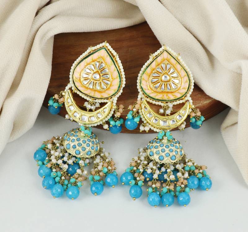 Meenakari Polki Turquoise Jhumka Earrings Wedding Jewelry