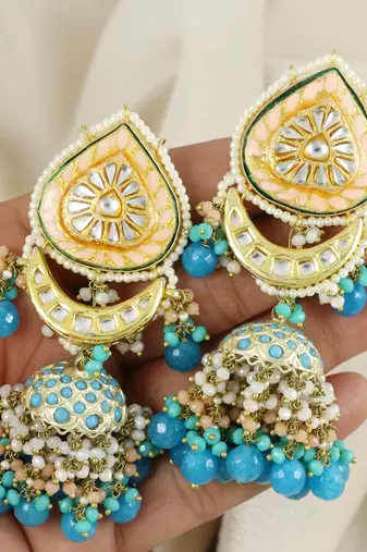 Meenakari Polki Turquoise Jhumka Earrings Wedding Jewelry