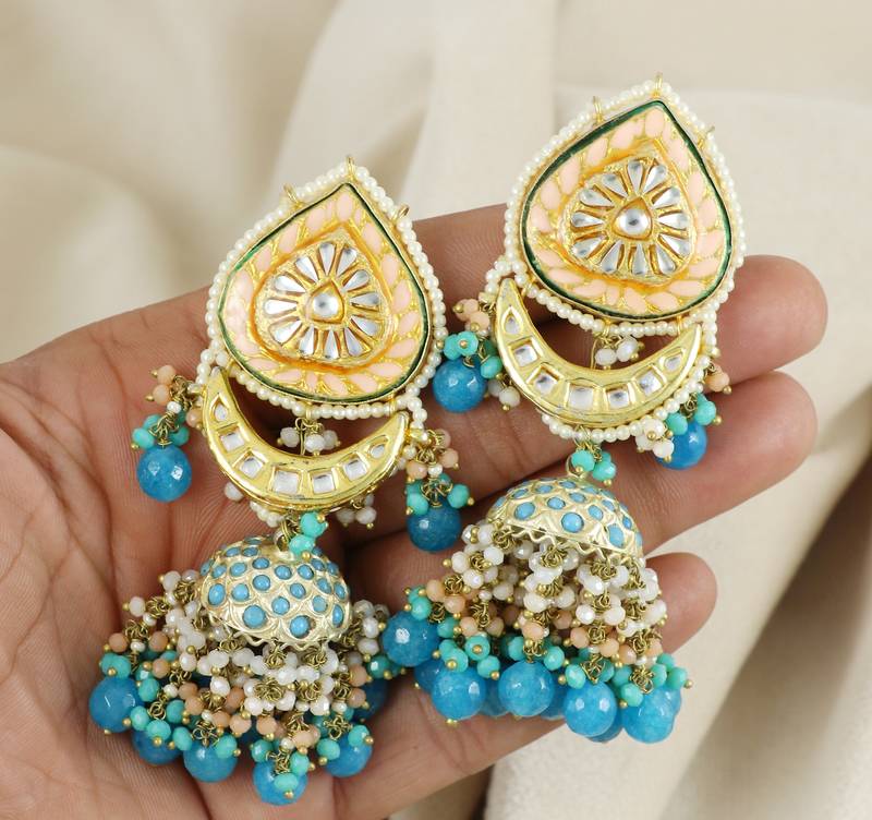 Meenakari Polki Turquoise Jhumka Earrings Wedding Jewelry