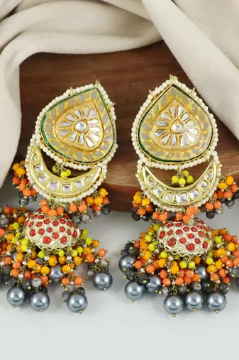 Pyrite Red Coral Meenakari Jhumka Earrings Wedding Jewelry