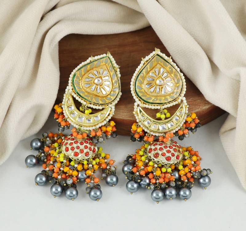 Pyrite Red Coral Meenakari Jhumka Earrings Wedding Jewelry