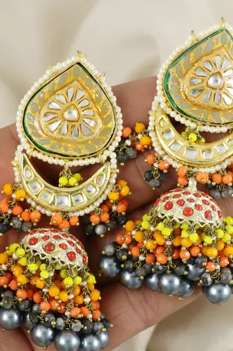 Pyrite Red Coral Meenakari Jhumka Earrings Wedding Jewelry