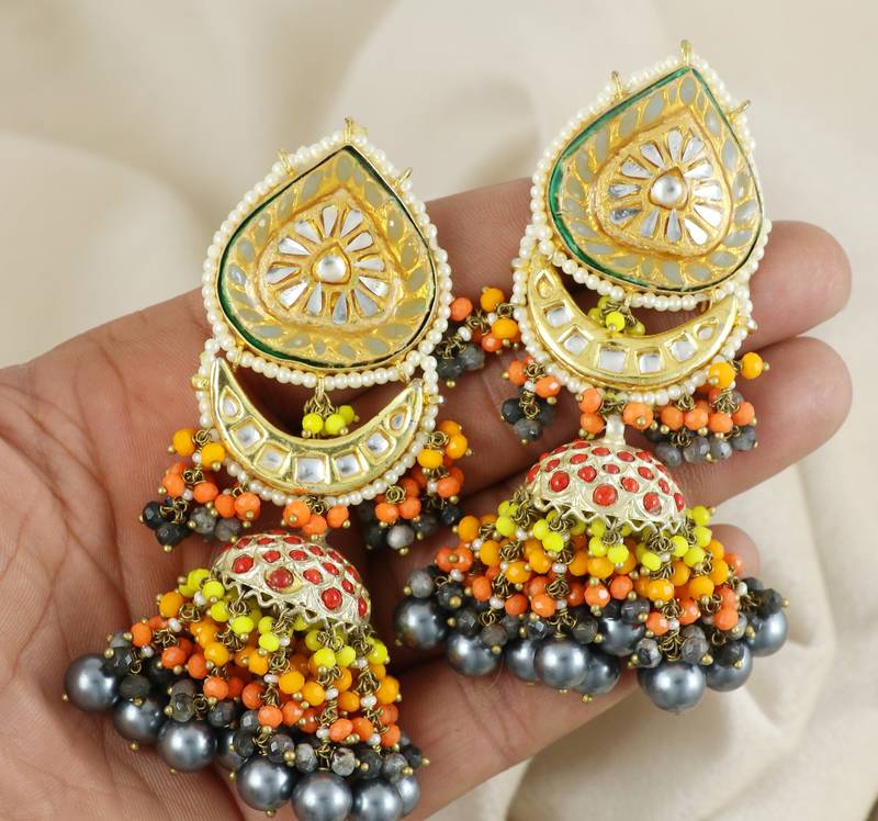 Pyrite Red Coral Meenakari Jhumka Earrings Wedding Jewelry