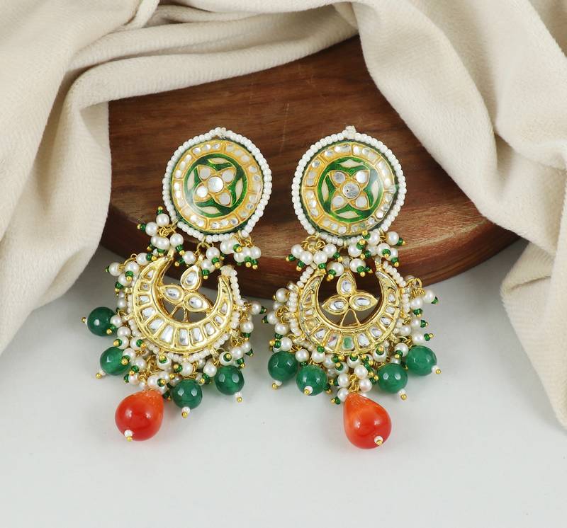 Polki Meena Green Onyx Jhumka Earrings Wedding Jewelry