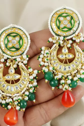 Polki Meena Green Onyx Jhumka Earrings Wedding Jewelry