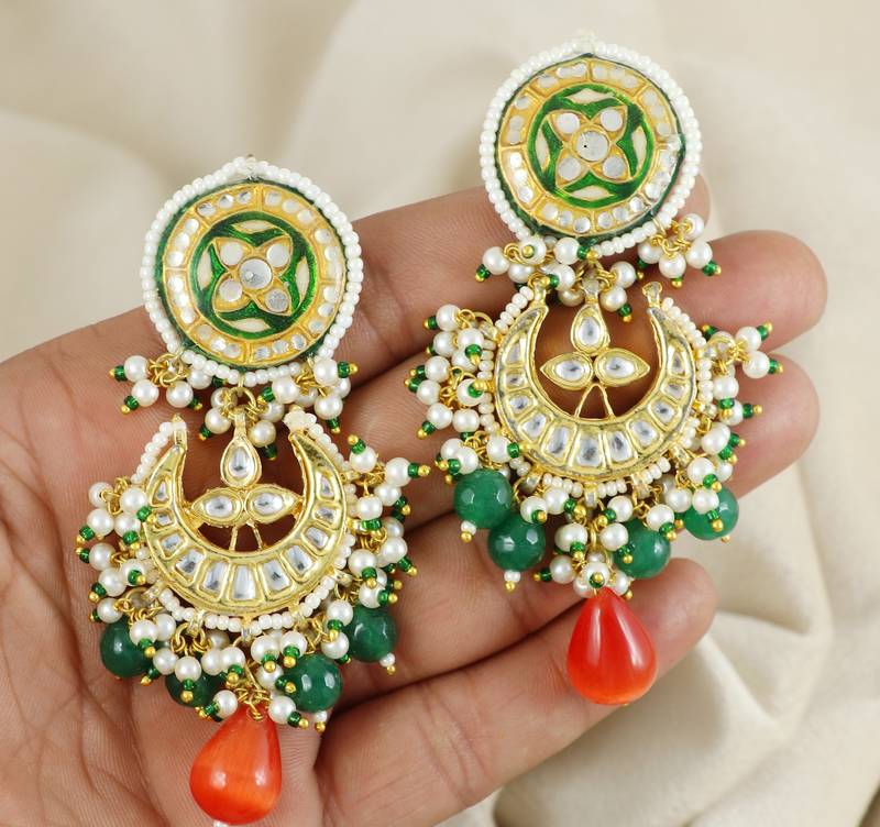 Polki Meena Green Onyx Jhumka Earrings Wedding Jewelry