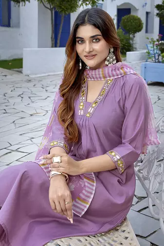 Lavender viscosee fabric beautiful printed readymade kurta set