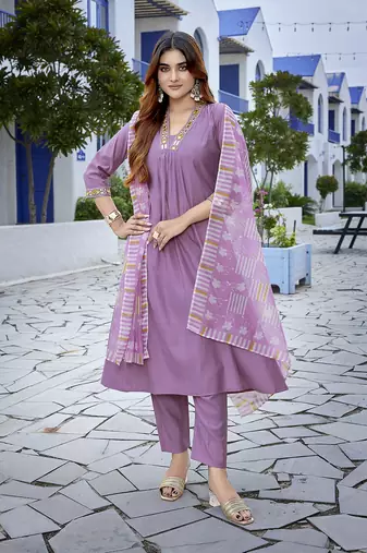 Lavender viscosee fabric beautiful printed readymade kurta set