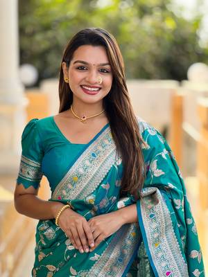 Turquoise Banarasi Art Silk Saree With Zari Weaving Design 1