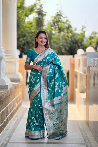 Turquoise Banarasi Art Silk Saree With Zari Weaving Design
