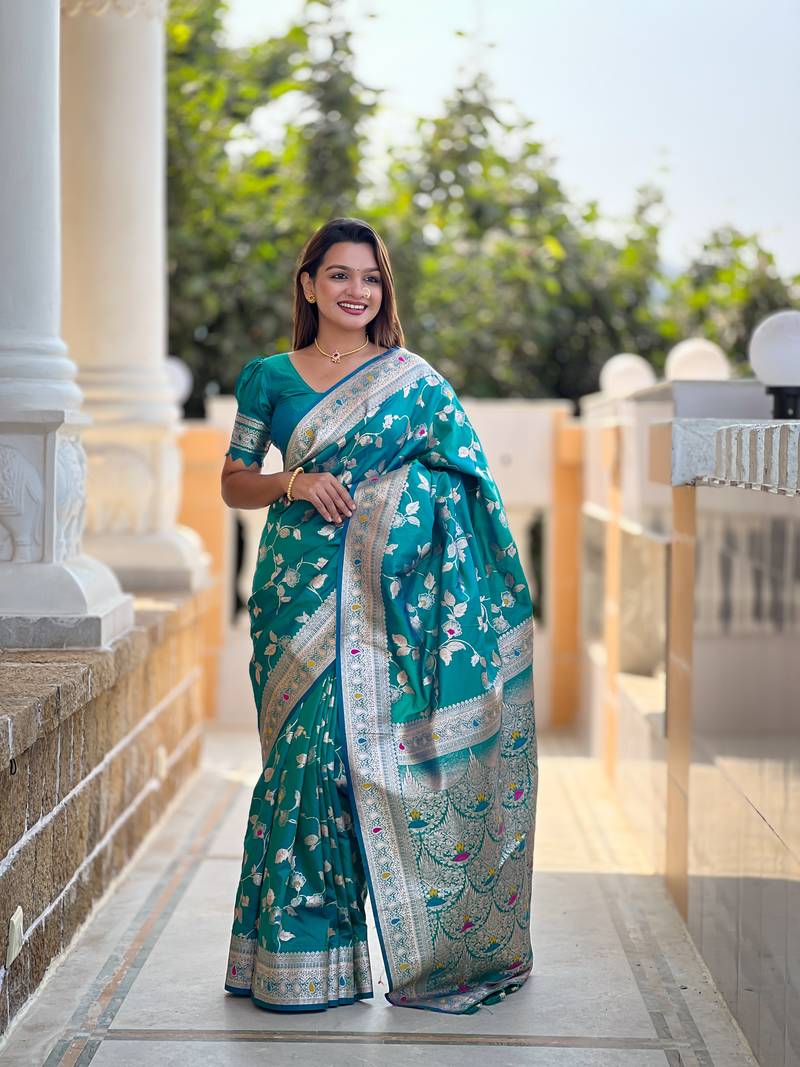 Turquoise Banarasi Art Silk Saree With Zari Weaving Design