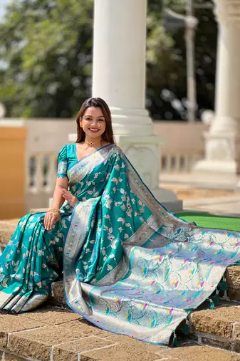 Turquoise Banarasi Art Silk Saree With Zari Weaving Design