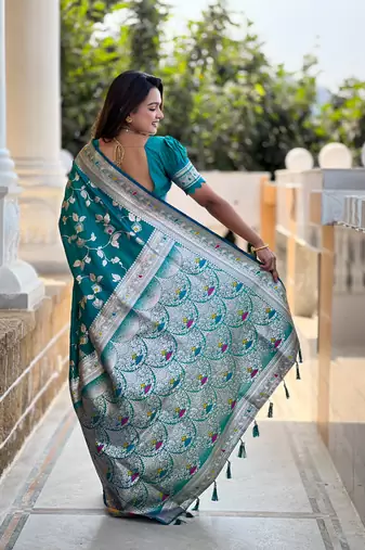 Turquoise Banarasi Art Silk Saree With Zari Weaving Design