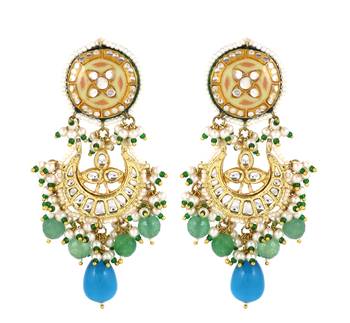 Green Quartz Beads Kundan Meena Jhumka Earrings Jewelry 1