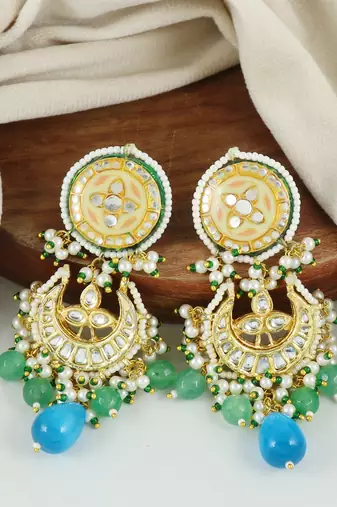 Green Quartz Beads Kundan Meena Jhumka Earrings Jewelry