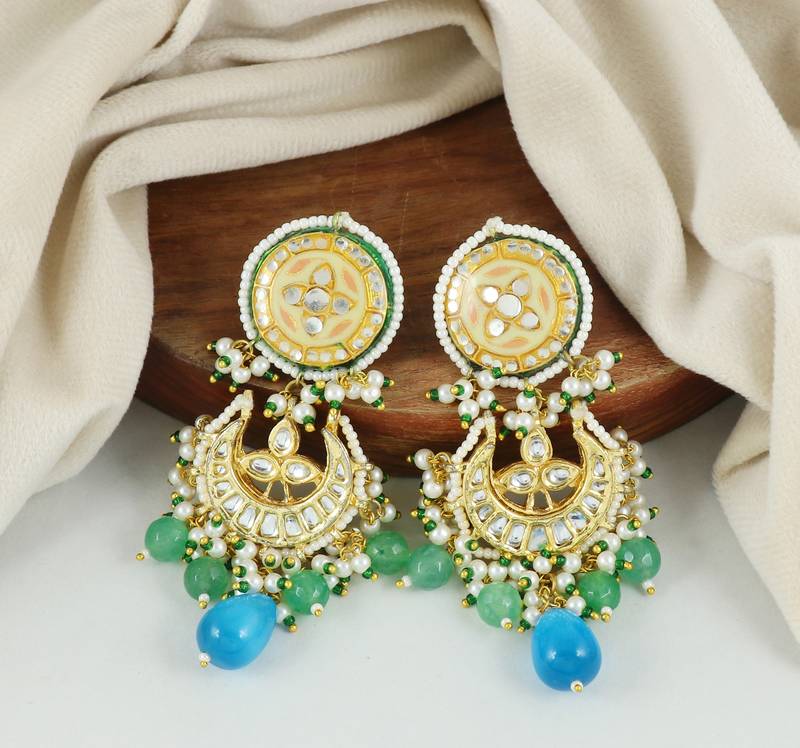 Green Quartz Beads Kundan Meena Jhumka Earrings Jewelry