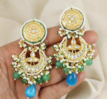 Green Quartz Beads Kundan Meena Jhumka Earrings Jewelry 3