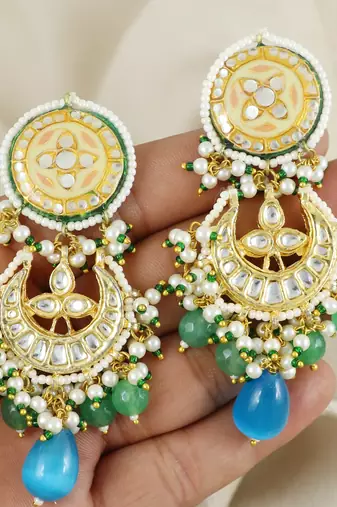 Green Quartz Beads Kundan Meena Jhumka Earrings Jewelry