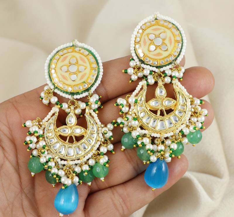Green Quartz Beads Kundan Meena Jhumka Earrings Jewelry
