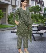 Bottle green cotton blend fabric beautiful printed readymade kurta set