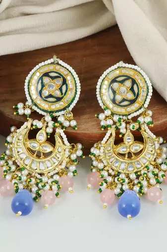 Rose Quartz Polki Meena Jhumka Earrings Wedding Jewelry