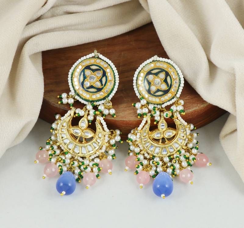 Rose Quartz Polki Meena Jhumka Earrings Wedding Jewelry