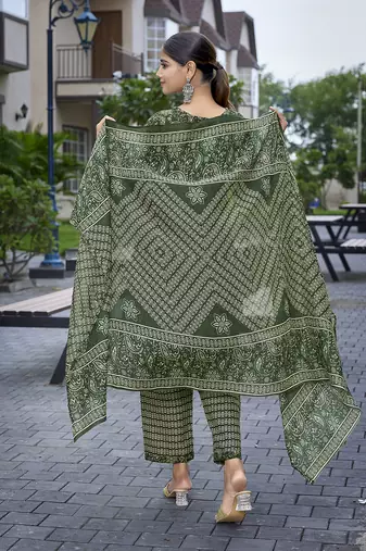 Bottle green cotton blend fabric beautiful printed readymade kurta set