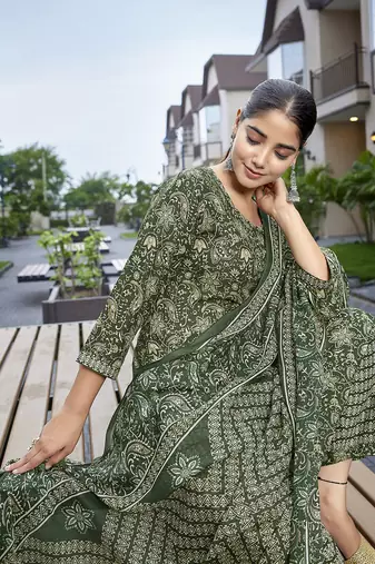 Bottle green cotton blend fabric beautiful printed readymade kurta set