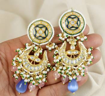 Rose Quartz Polki Meena Jhumka Earrings Wedding Jewelry 3