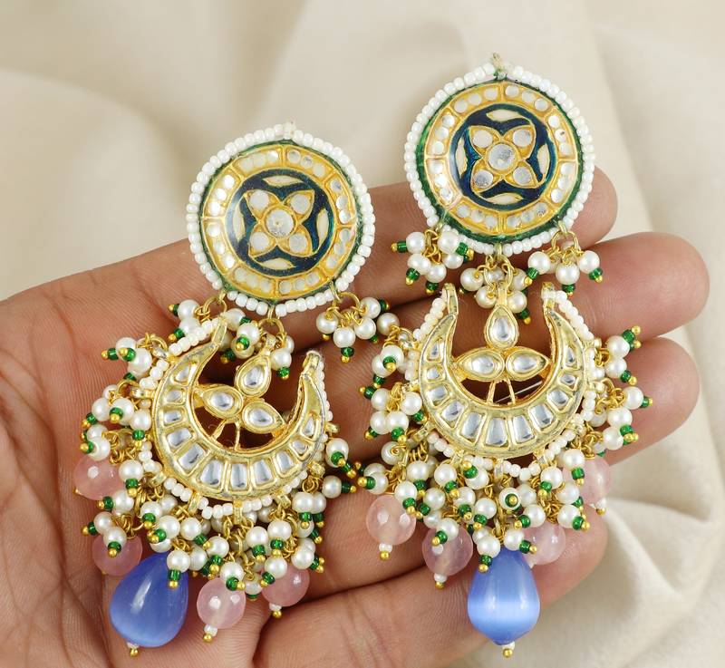 Rose Quartz Polki Meena Jhumka Earrings Wedding Jewelry