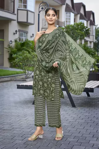 Bottle green cotton blend fabric beautiful printed readymade kurta set