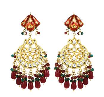 Red Meena Polki Jhumka Earrings Wedding Jewelry 1