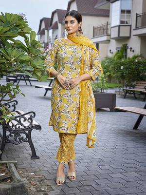 Yellow cotton blend fabric beautiful printed readymade kurta set 1