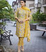 Yellow cotton blend embroidered printed readymade kurta set