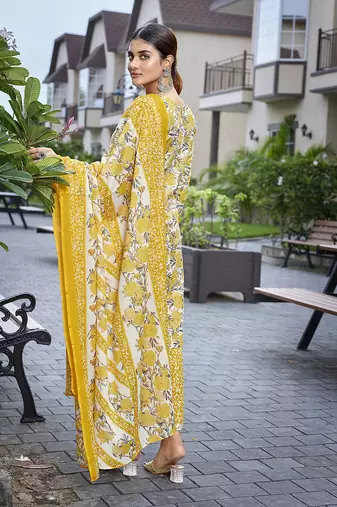 Yellow cotton blend fabric beautiful printed readymade kurta set