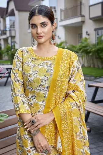 Yellow cotton blend fabric beautiful printed readymade kurta set