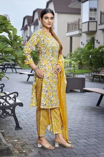 Yellow cotton blend fabric beautiful printed readymade kurta set