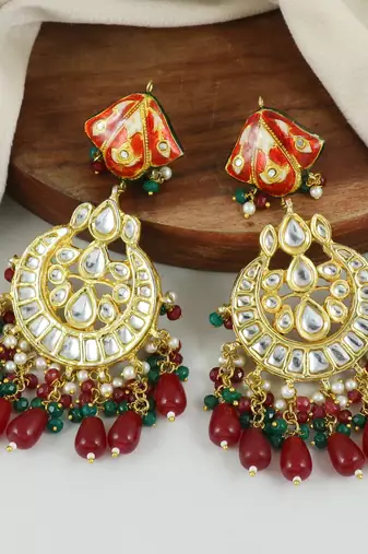 Red Meena Polki Jhumka Earrings Wedding Jewelry