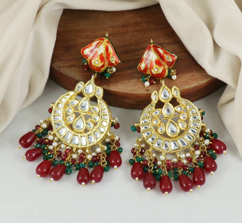 Red Meena Polki Jhumka Earrings Wedding Jewelry
