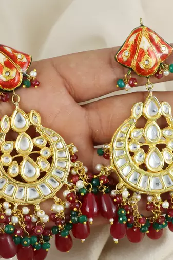 Red Meena Polki Jhumka Earrings Wedding Jewelry