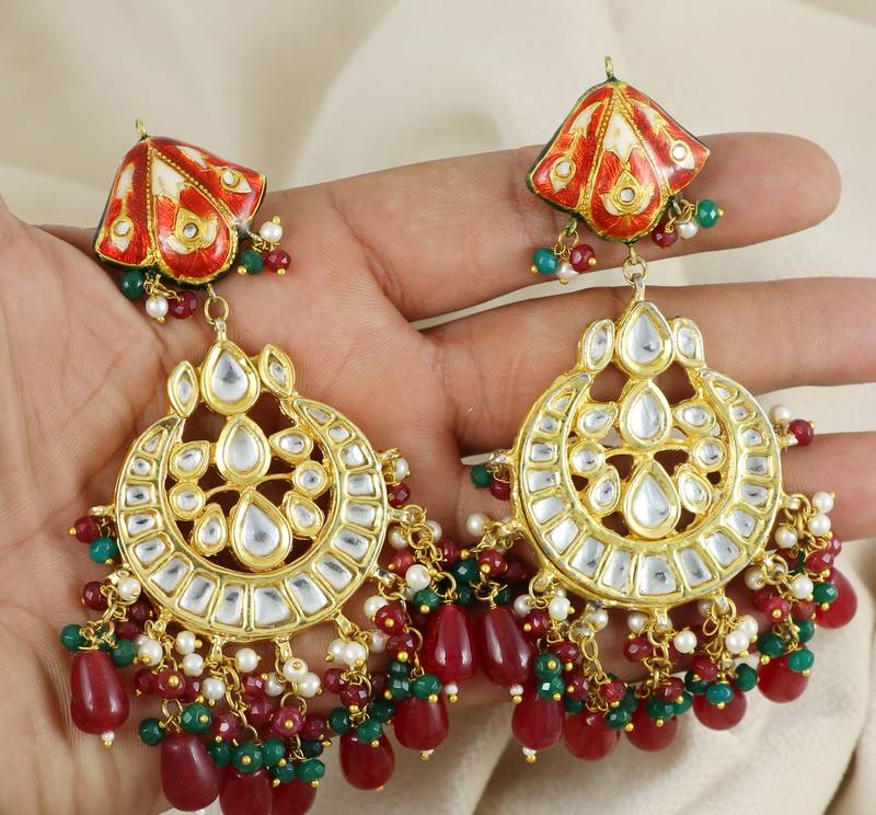Red Meena Polki Jhumka Earrings Wedding Jewelry
