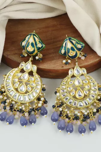 Blue Sapphire Pearl Polki Meena Jhumka Earrings Jewelry