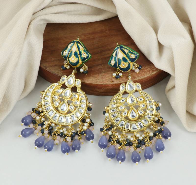 Blue Sapphire Pearl Polki Meena Jhumka Earrings Jewelry